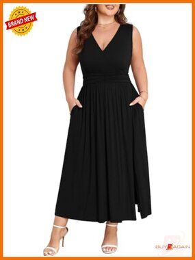 Plus Size Mid Sleeveless V Neck Maxi Dress with Pockets